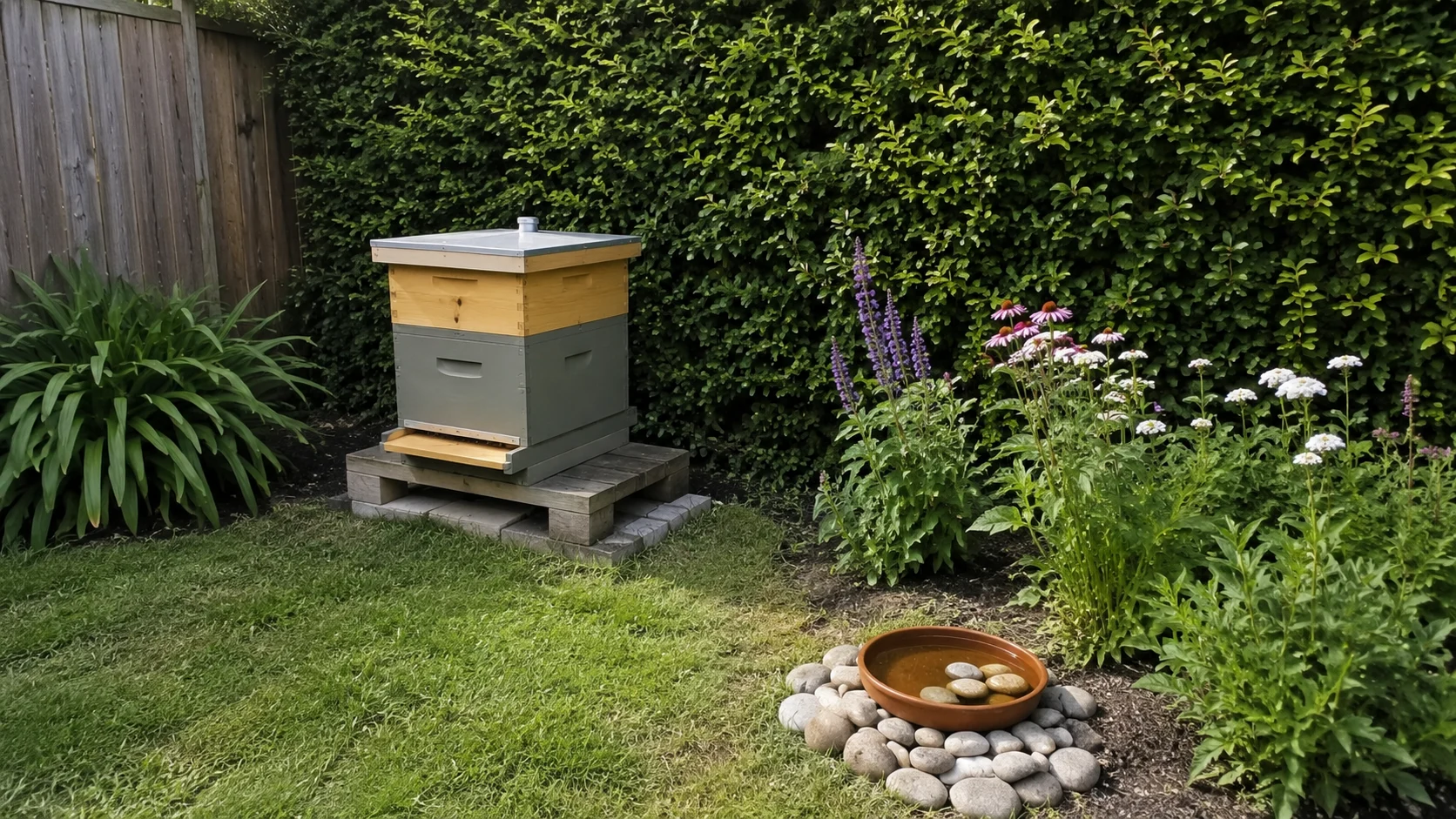 small backyard beekeeping setup with safe hive placement