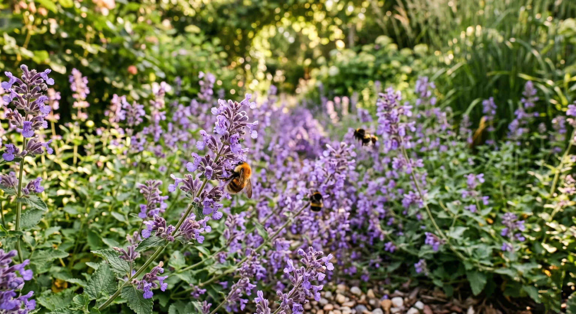 catmint drift mass planting bumblebees foraging pollinator garden ground level view