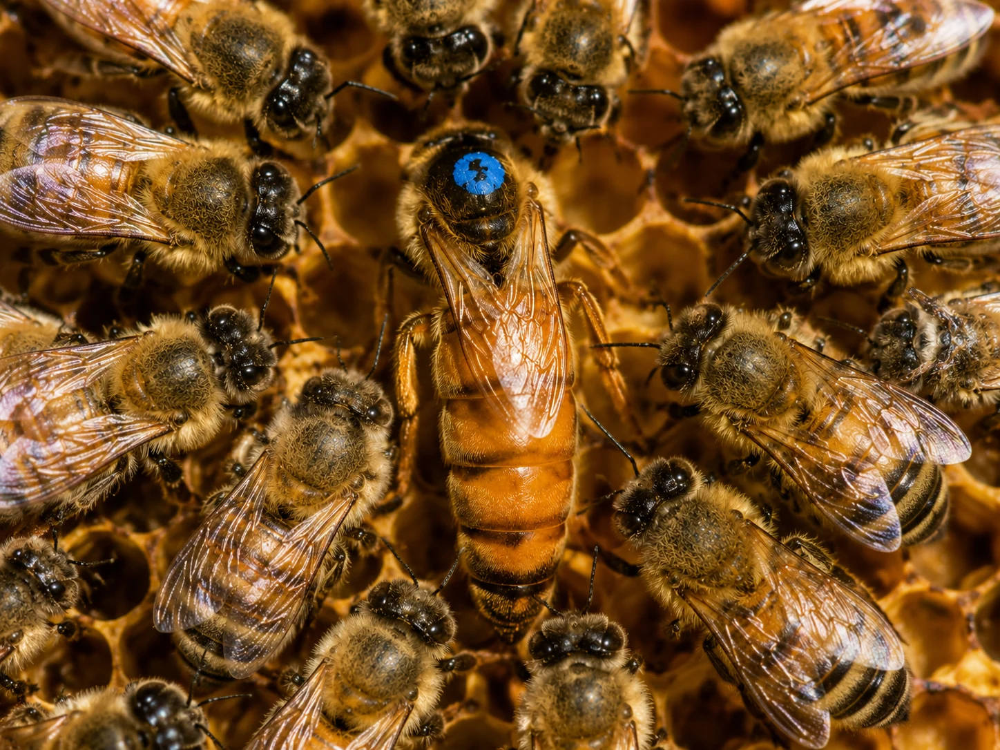 marked honeybee queen surrounded by attendants on summer brood comb peak colony population