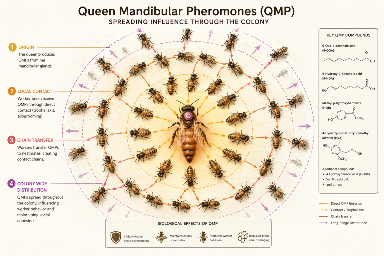 honeybee queen mandibular pheromone QMP distribution diagram colony chemical communication