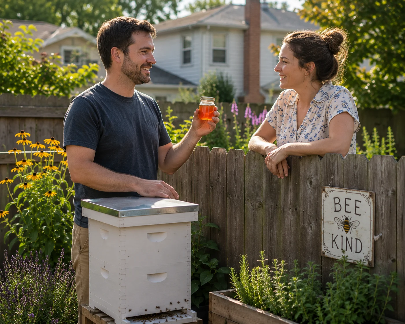 urban beekeeper neighbor conversation honey jar small garden beekeeping community relations