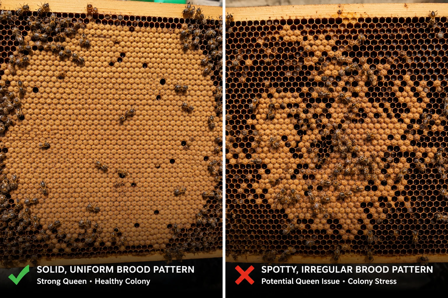 honeybee brood pattern comparison healthy solid brood versus spotty brood pattern queen performance summer inspection