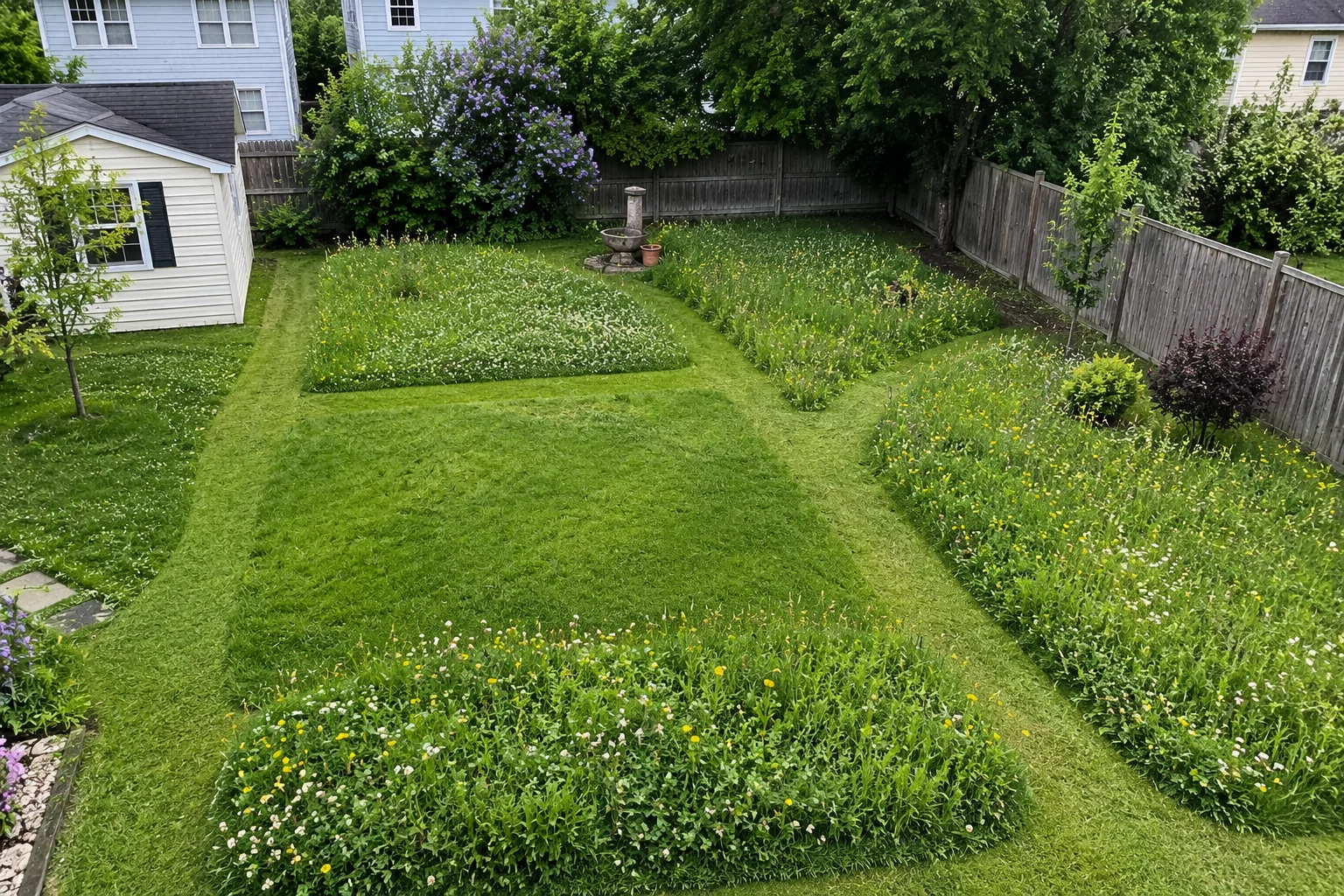 No-Mow May backyard layout with mowed paths and pollinator lawn zones
