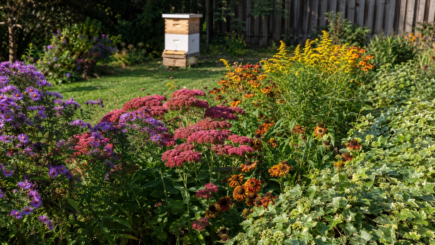 autumn bee garden with late season flowers for bees before winter