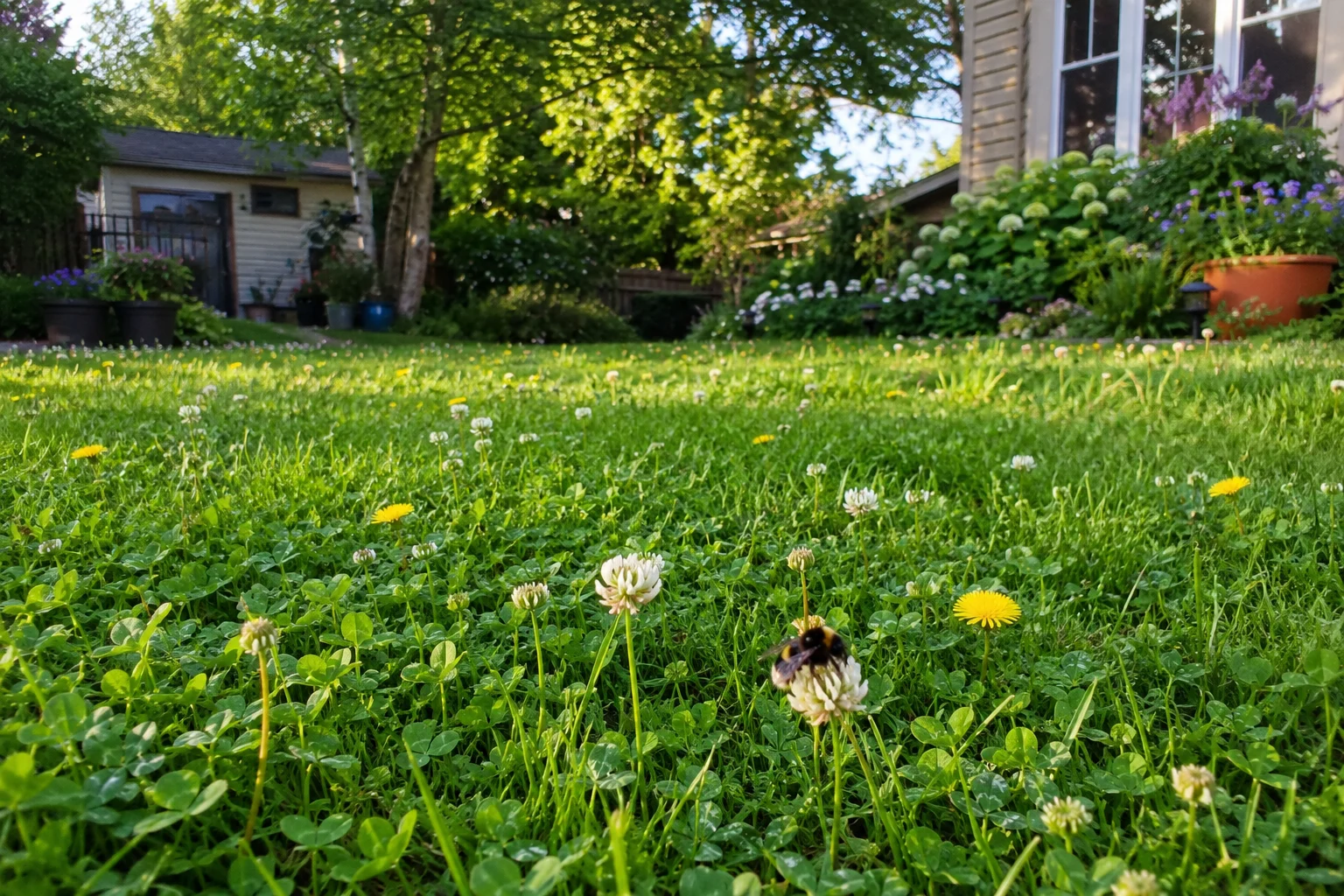 messy lawn pollinator habitat dandelions clover wildflowers bumblebee foraging imperfect garden US backyard