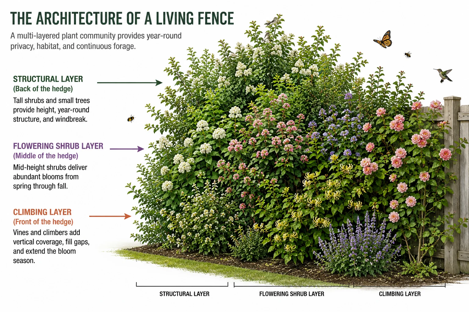 living fence three layer design cross-section diagram structural layer flowering shrub layer climbing plants bee-friendly hedge