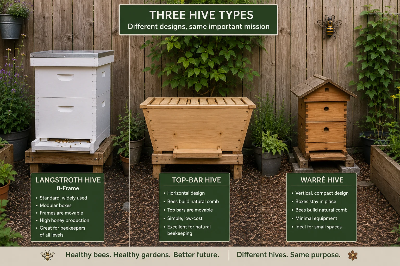  beehive types comparison small garden 8-frame Langstroth top-bar hive Warre hive urban beekeeping options