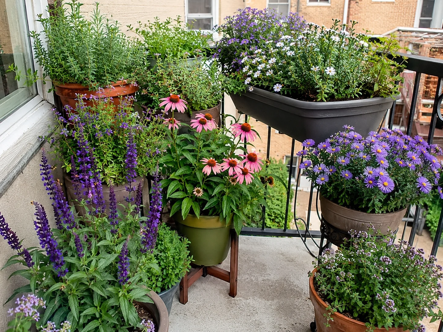 container pollinator garden on a sunny apartment balcony for bees
