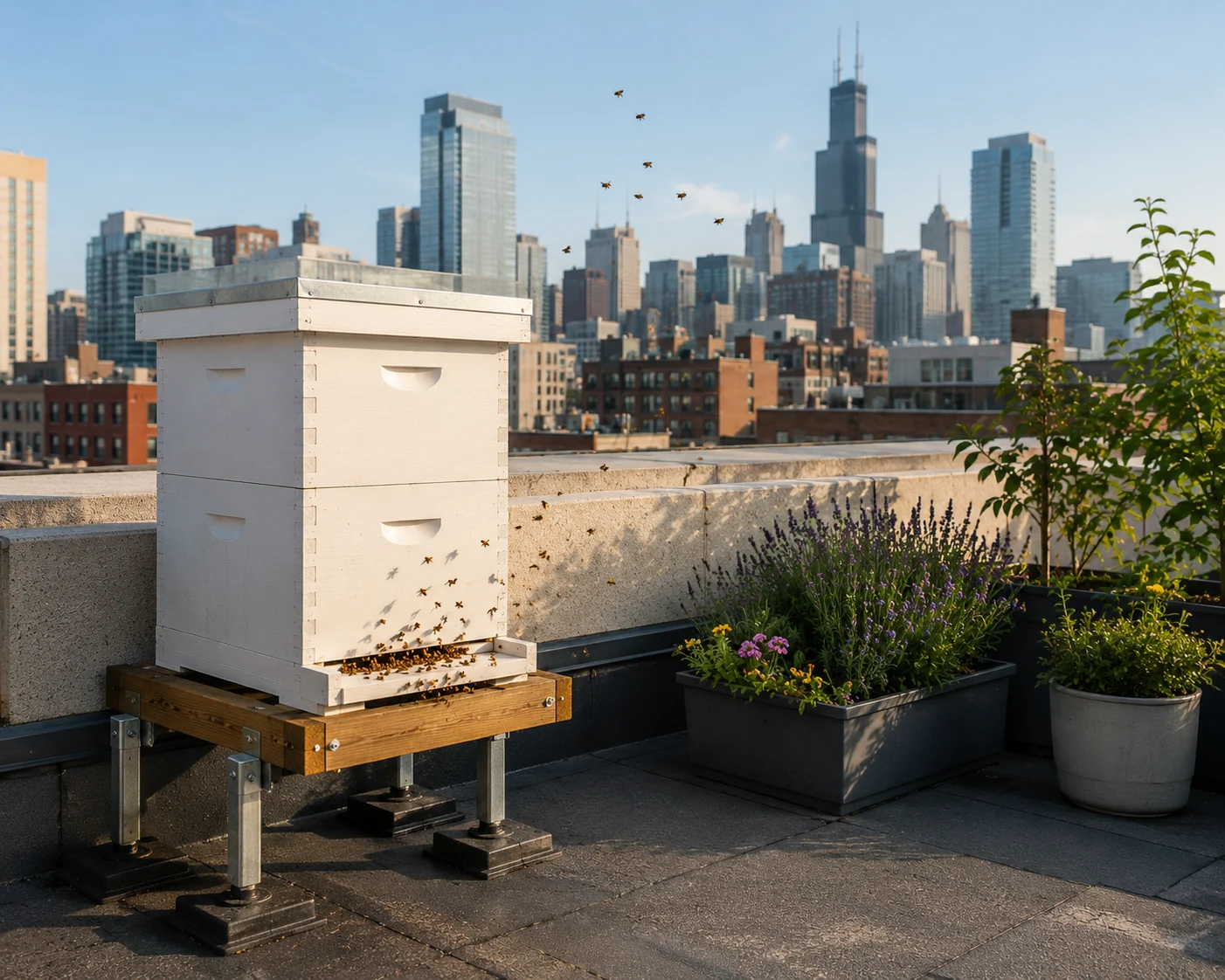 rooftop beehive urban US city small space beekeeping balcony installation 8-frame Langstroth