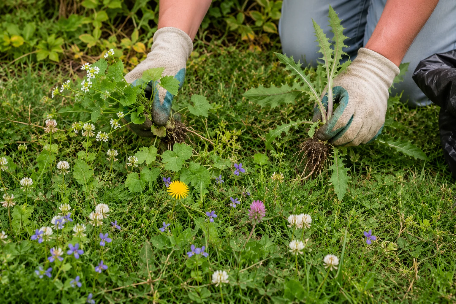 removing invasive weeds while protecting pollinator flowers during No-Mow May