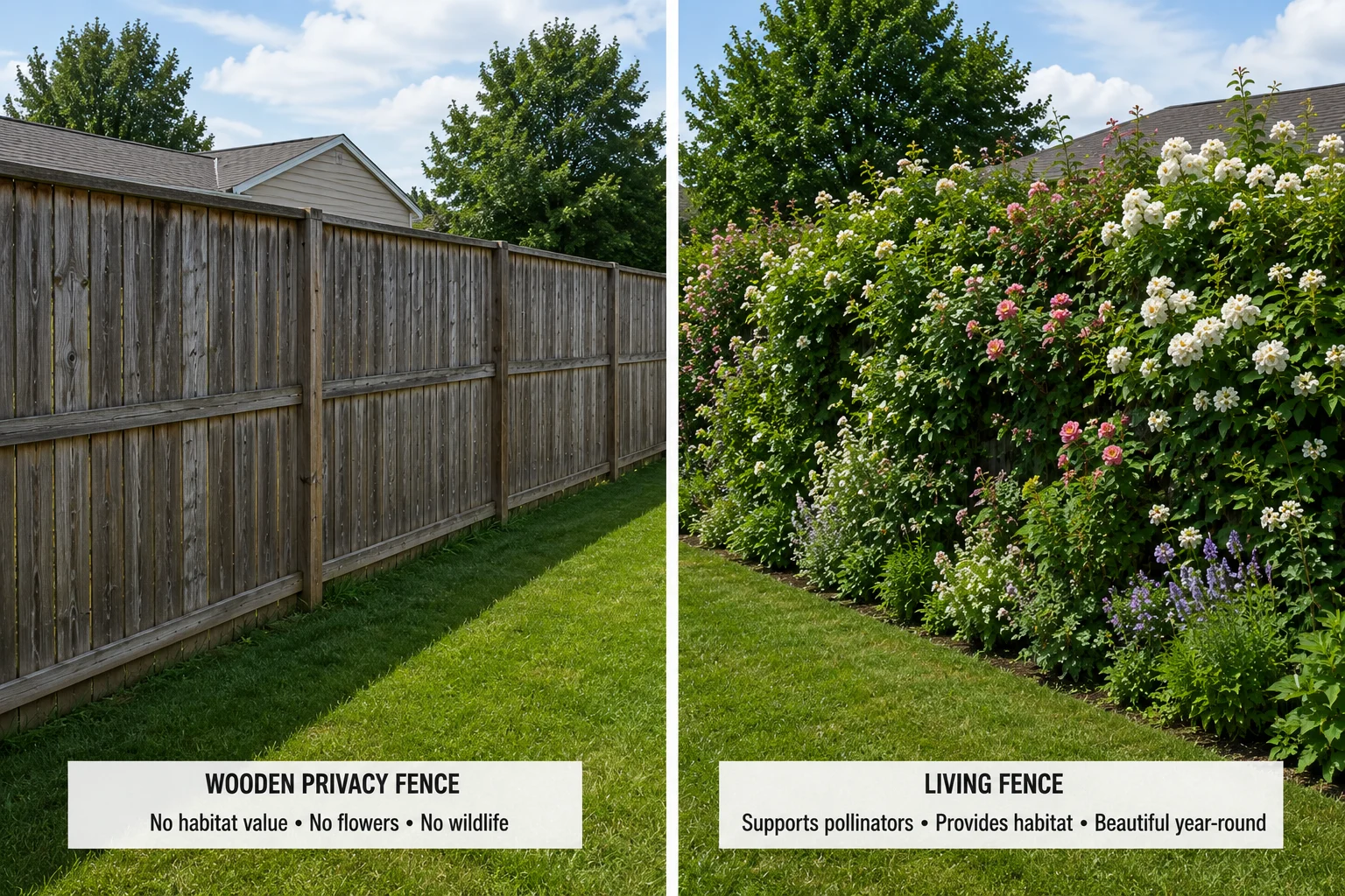 wooden fence versus living fence comparison privacy screening ecological value bee-friendly boundary
