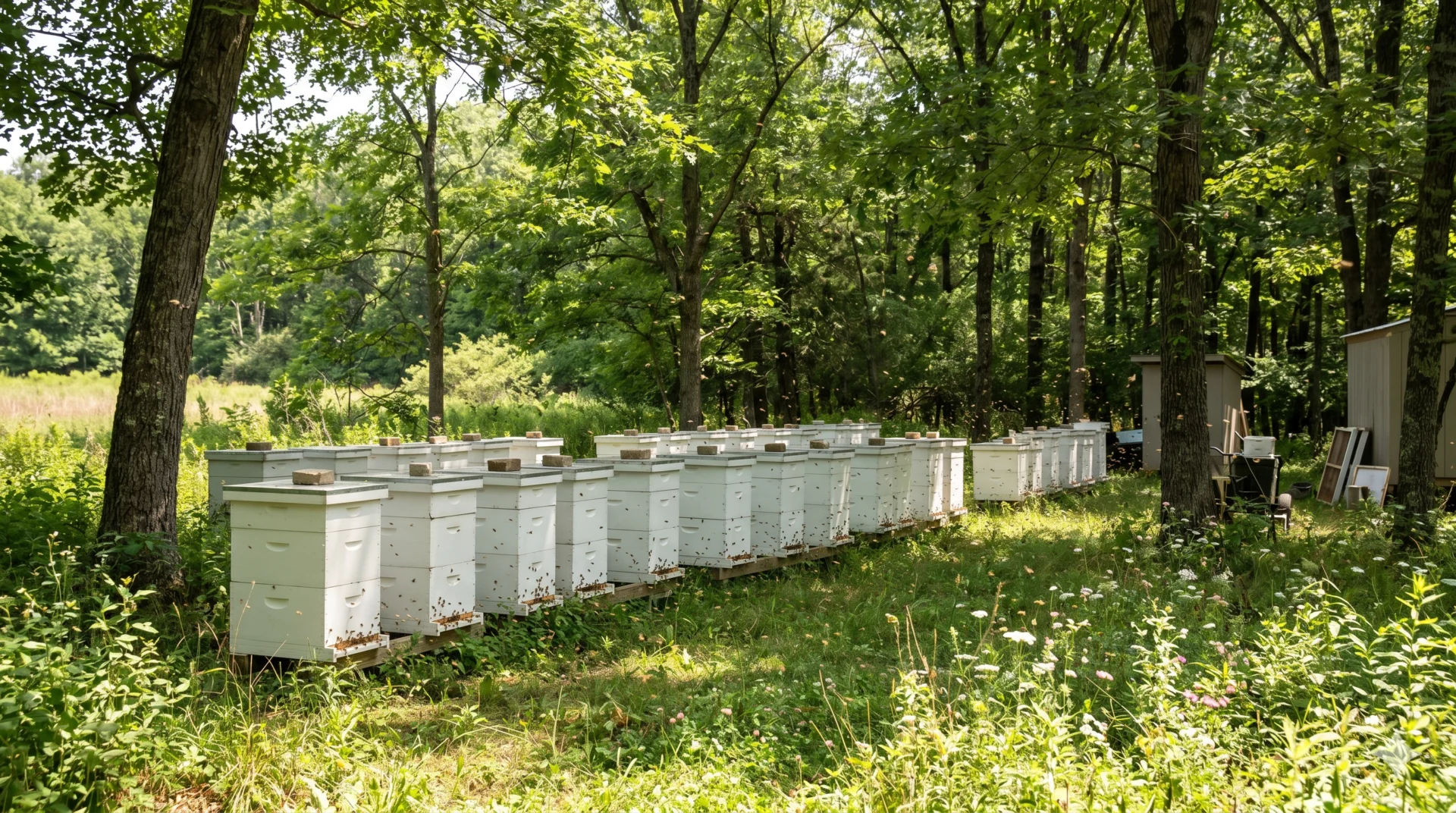 apiary in woodland shade summer heat management well-positioned beehives thermoregulation