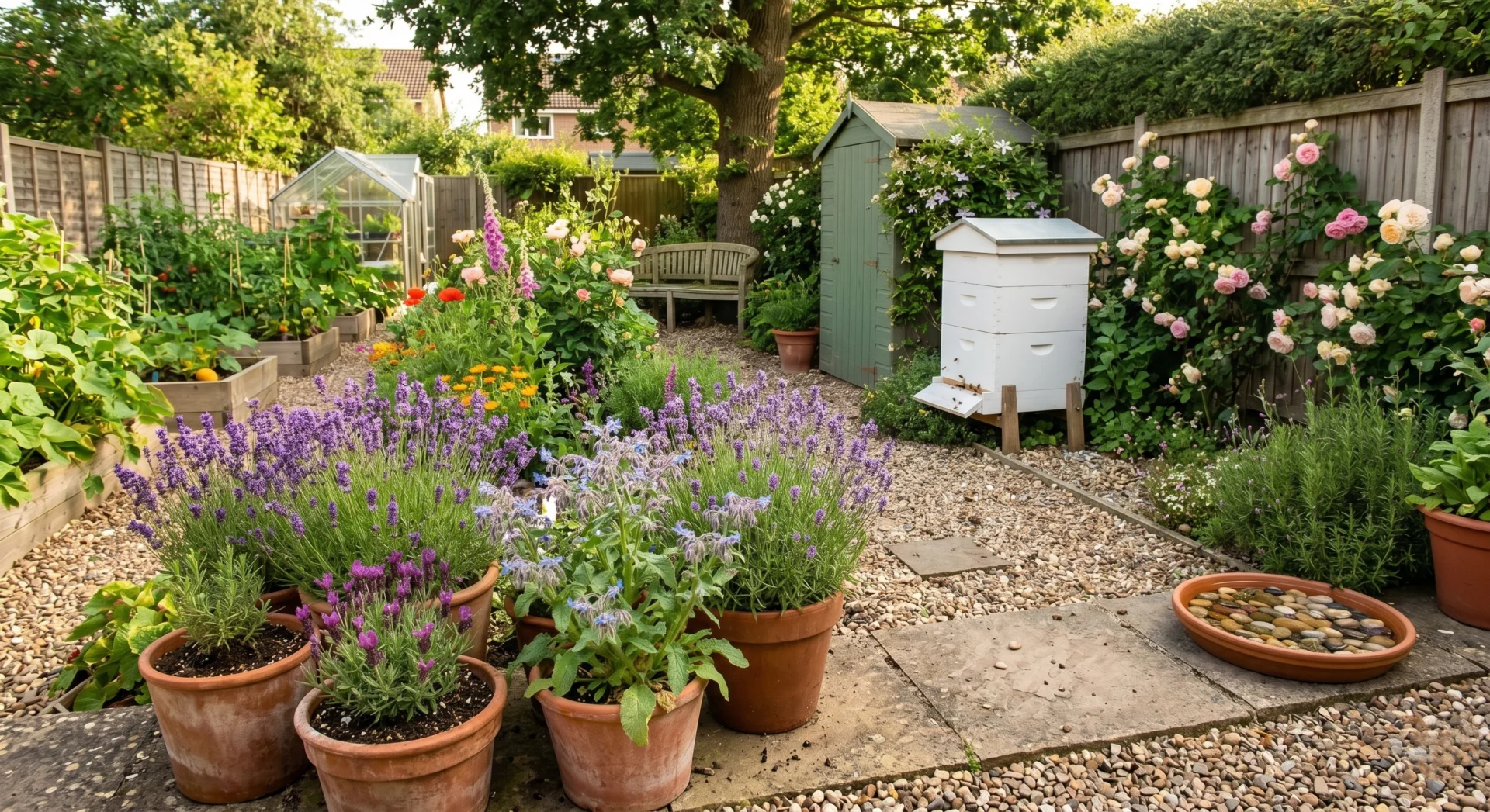 backyard beehive water source container forage plants bees foraging at home neighbor-friendly urban beekeeping setup