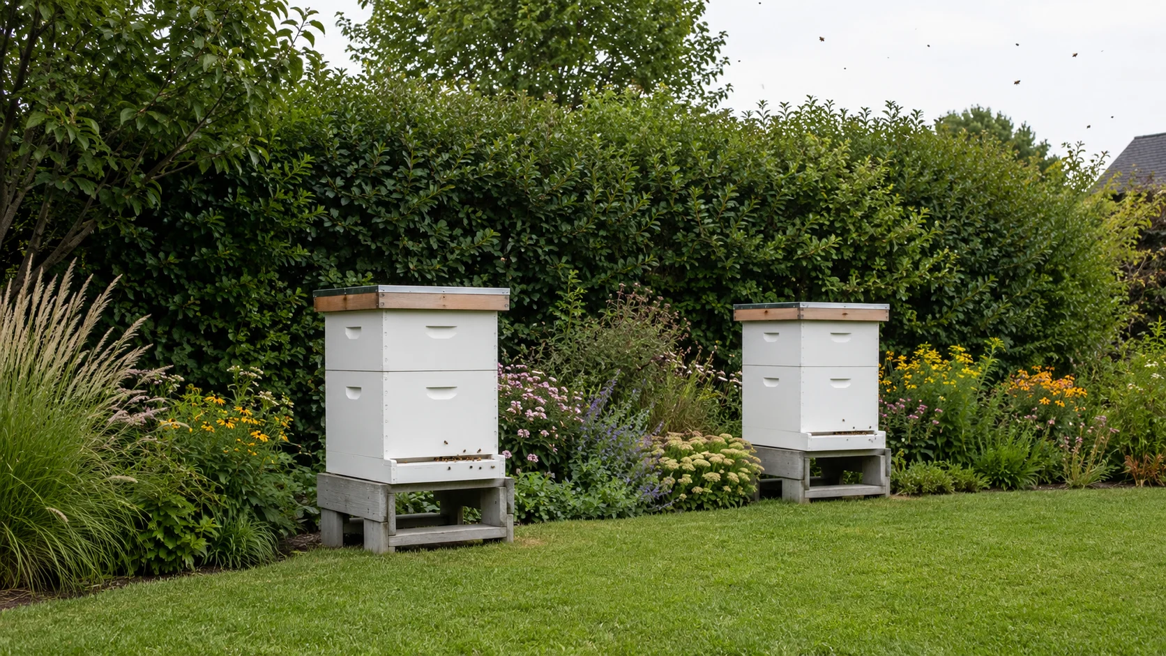 backyard beehives beside a multi-layered pollinator hedgerow windbreak