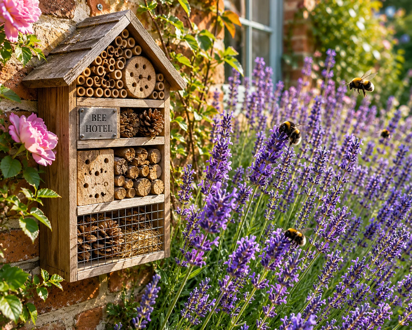  bee hotel on garden wall next to lavender hedge supporting wild bee nesting habitat