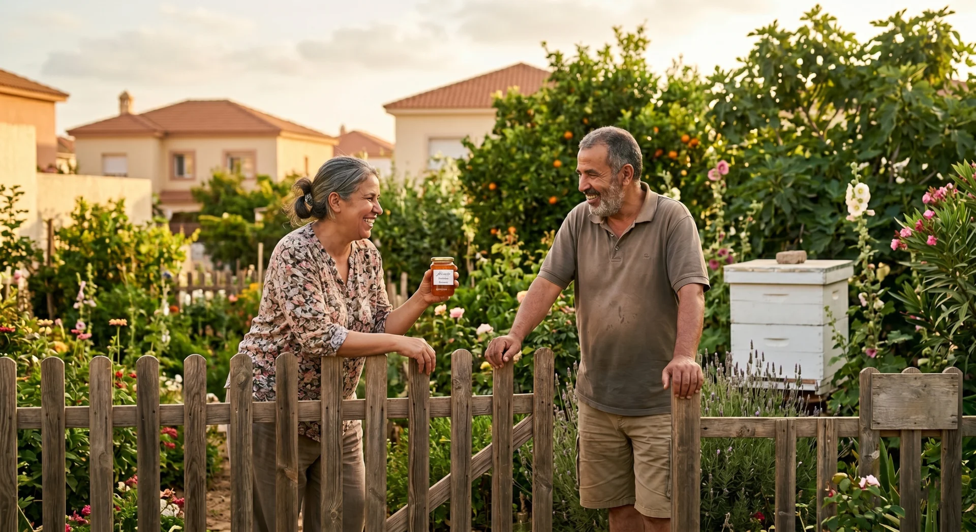 beekeeper neighbor conversation honey jar backyard beehive community relations urban beekeeping