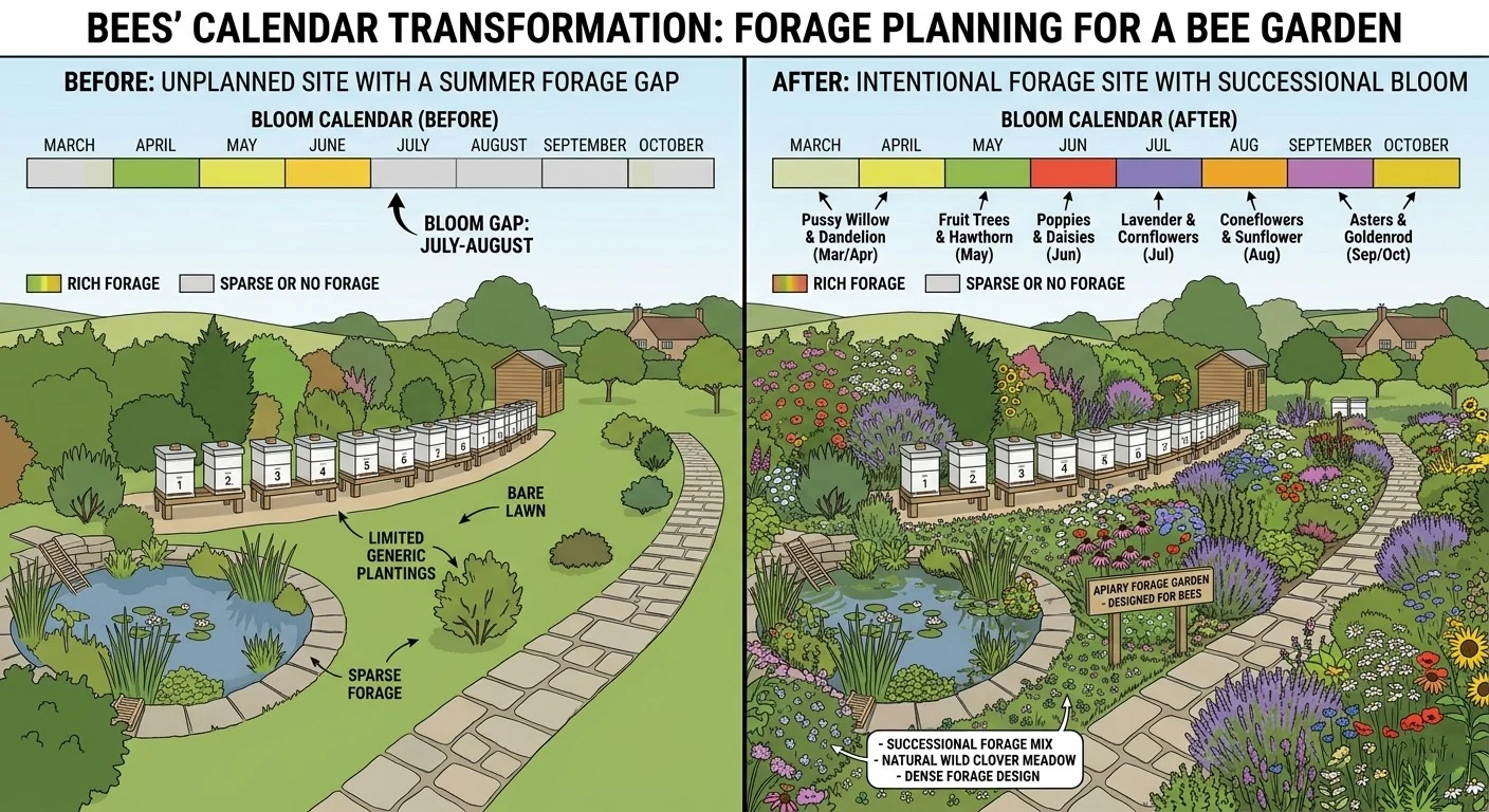 apiary forage plan before after diagram no forage plan vs intentional year round nectar sources bloom calendar