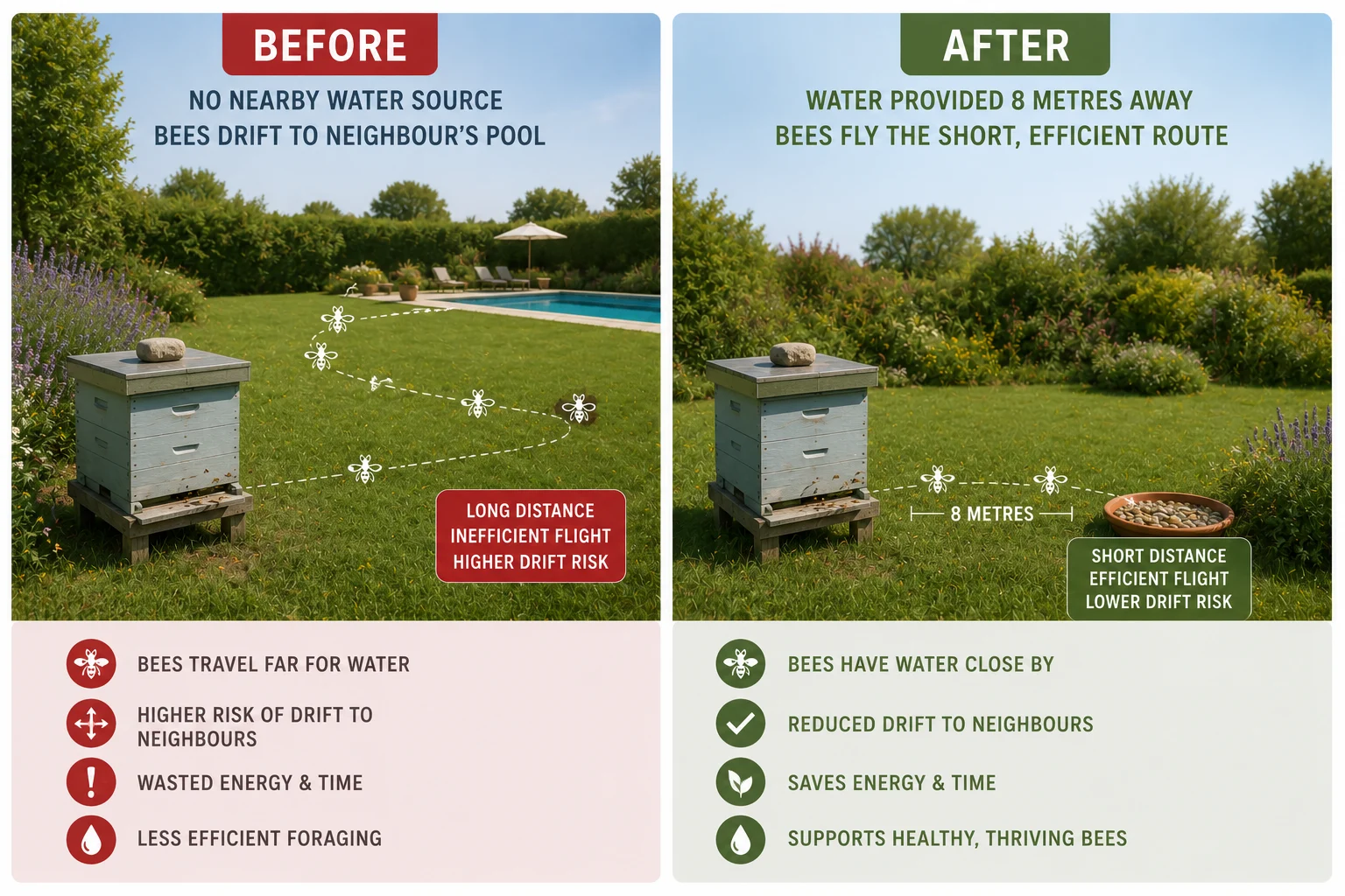 apiary water source before after diagram bees flying to neighbour pool vs dedicated bee water station correct placement