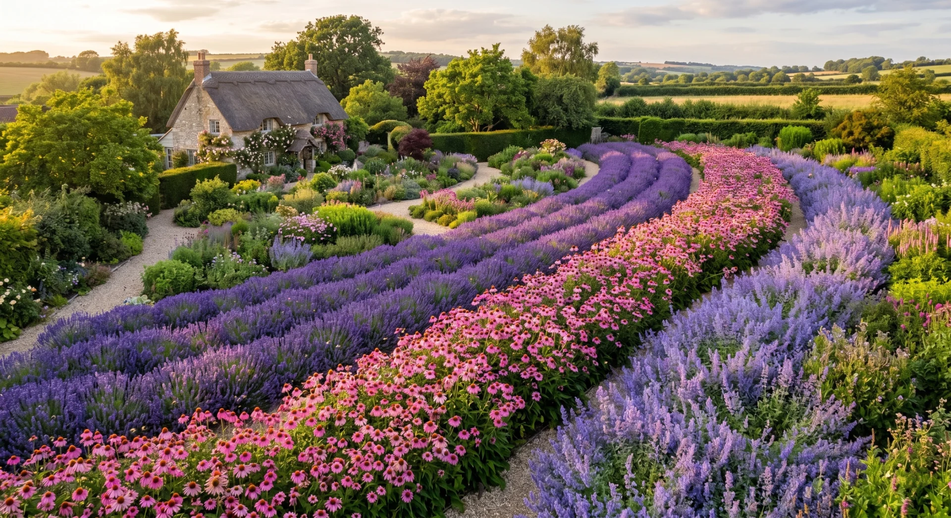 drift planting method cottage garden aerial view lavender echinacea catmint mass planting bees foraging