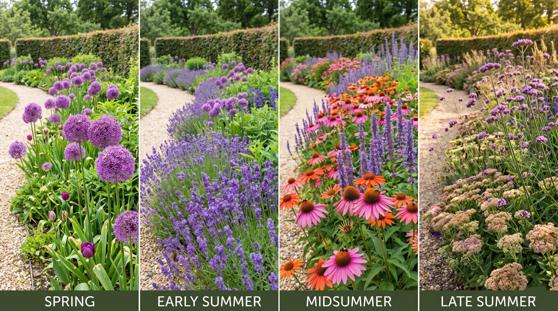 drift garden seasonal progression spring summer late summer autumn bloom sequence pollinator garden year round