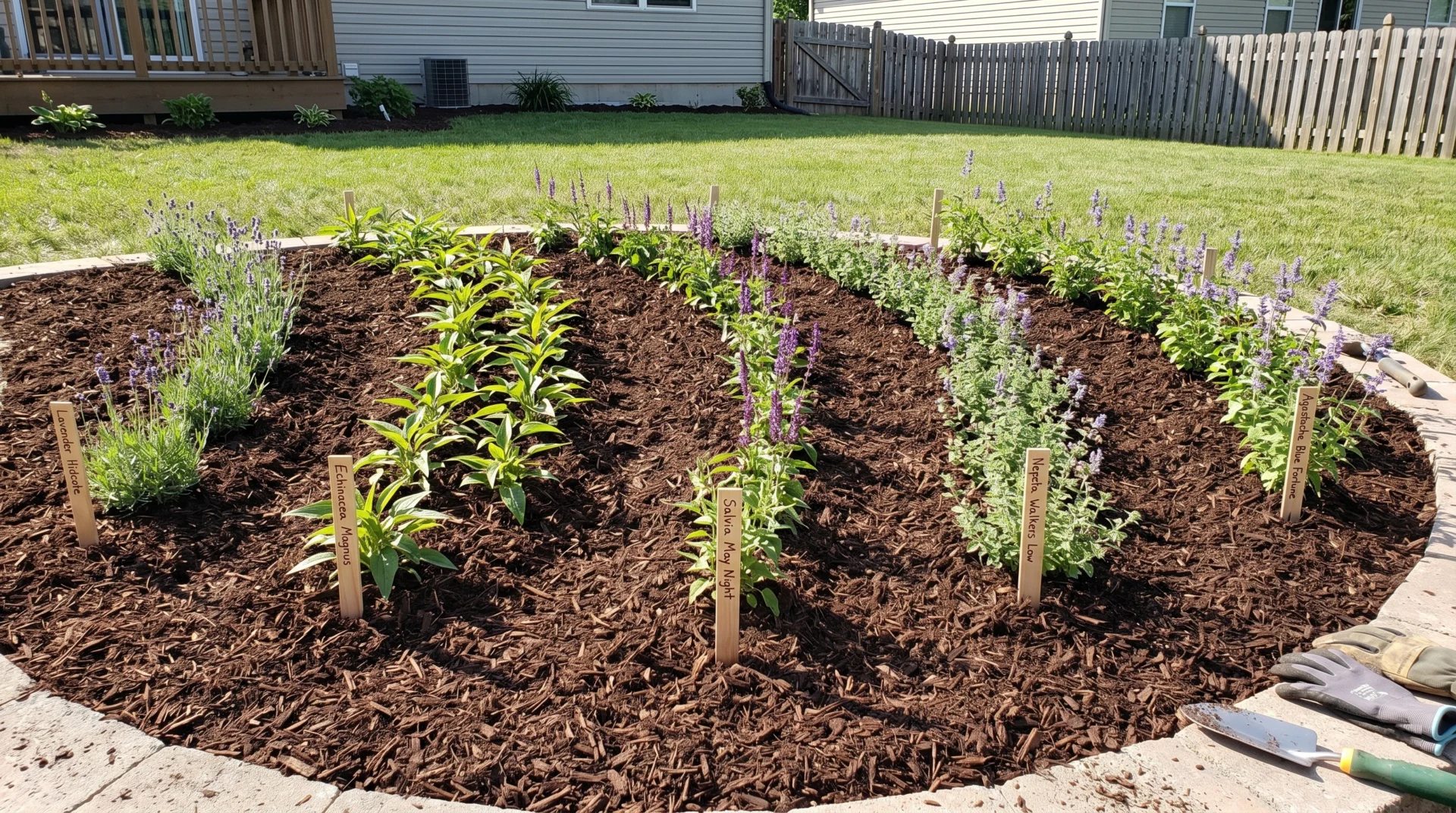 newly planted drift garden bed weekend planting project perennial drifts mulched lavender catmint echinacea salvia agastache