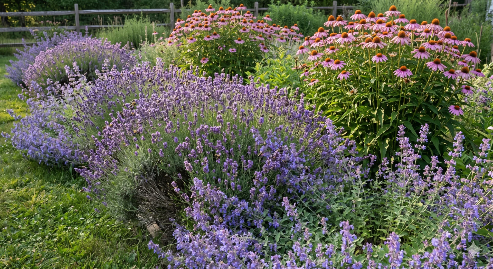 established drift garden three years old lavender catmint echinacea mature planting honeybees bumblebees late July summer