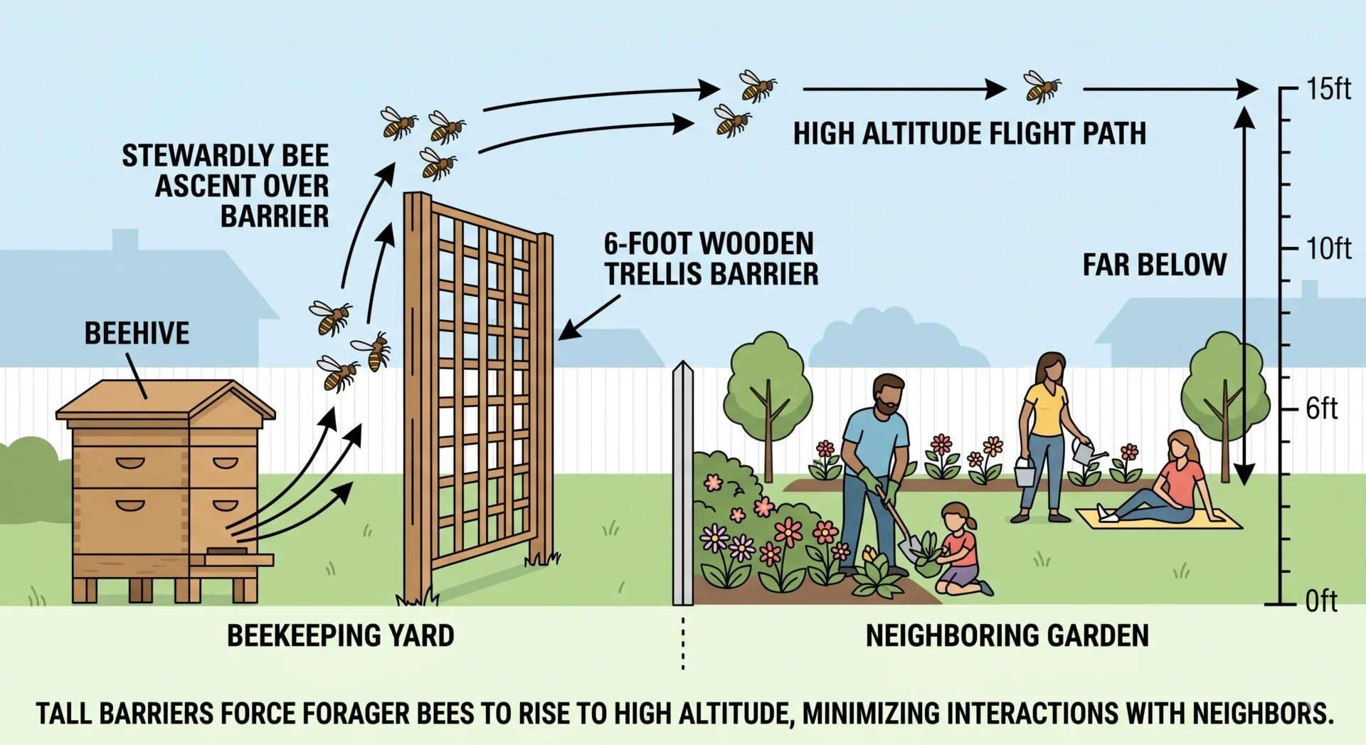  fly-up barrier diagram beehive neighbor protection forager flight path over fence urban beekeeping