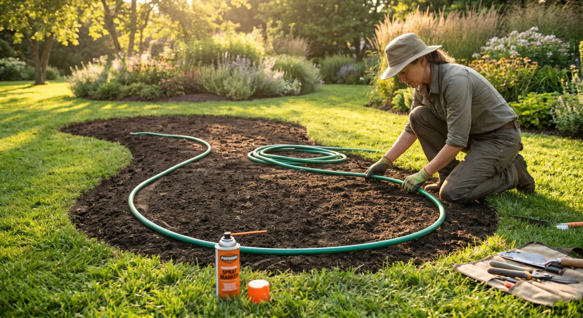 garden designer laying out drift planting design with garden hose marking bed layout step by step