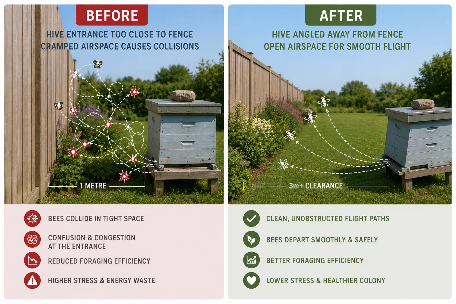 beehive entrance obstacle clearance before after diagram fence too close vs correct 3 metre clearance flight path