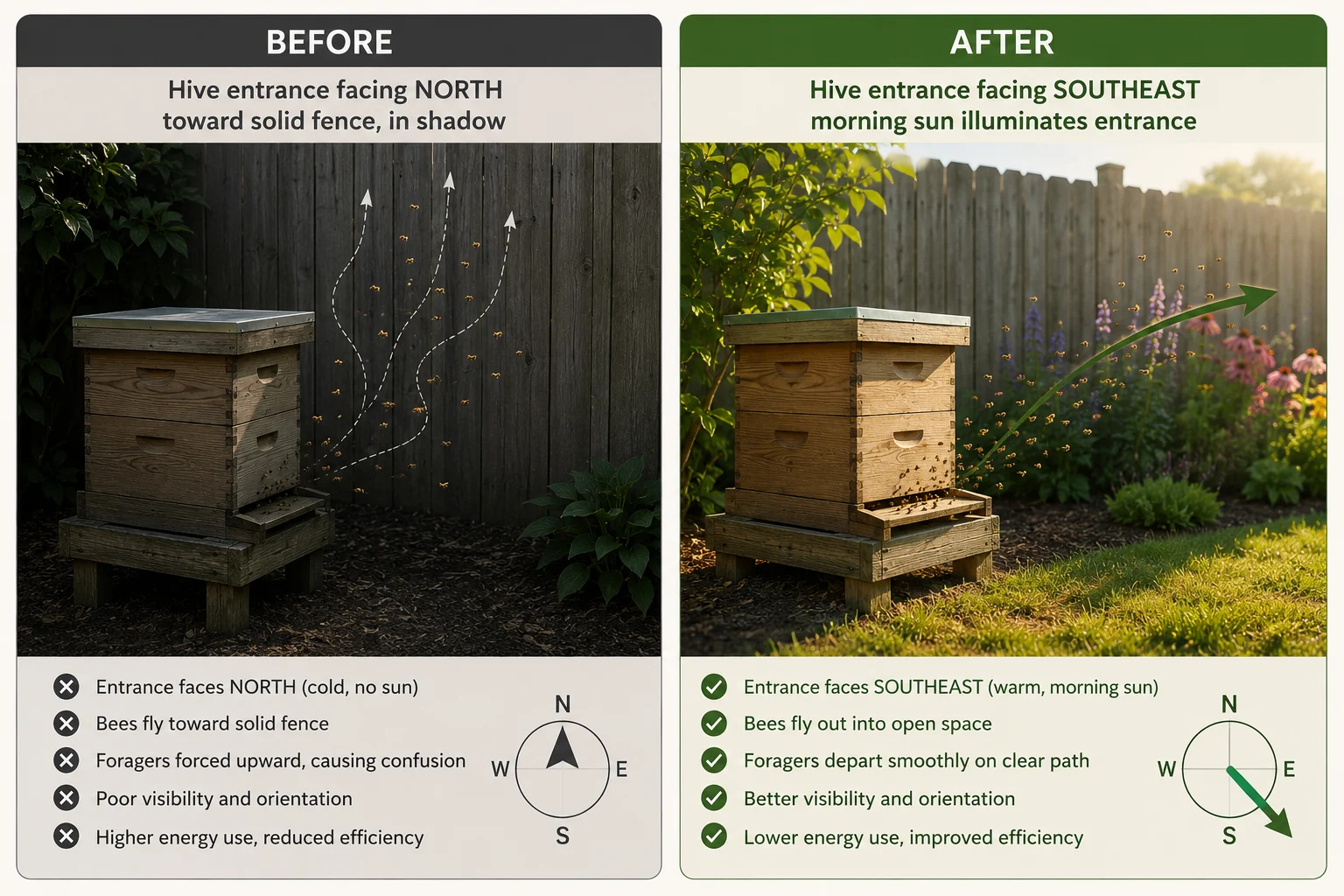 beehive orientation mistake before after diagram north facing vs southeast facing correct hive placement