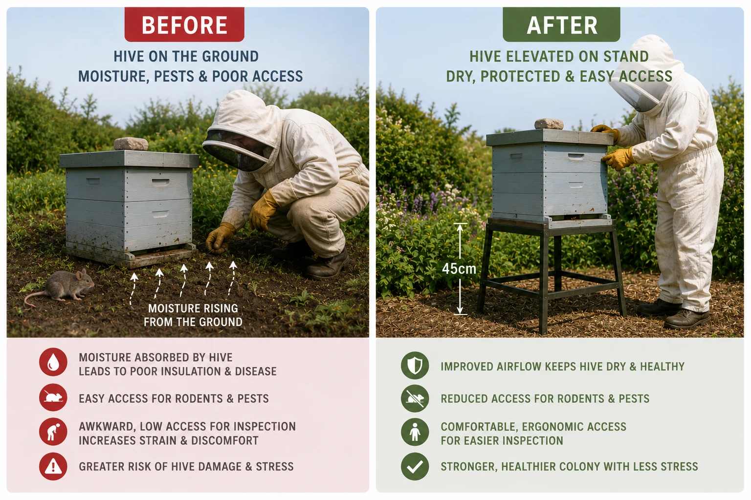 beehive stand height before after diagram hive on ground vs elevated stand 45cm correct apiary setup