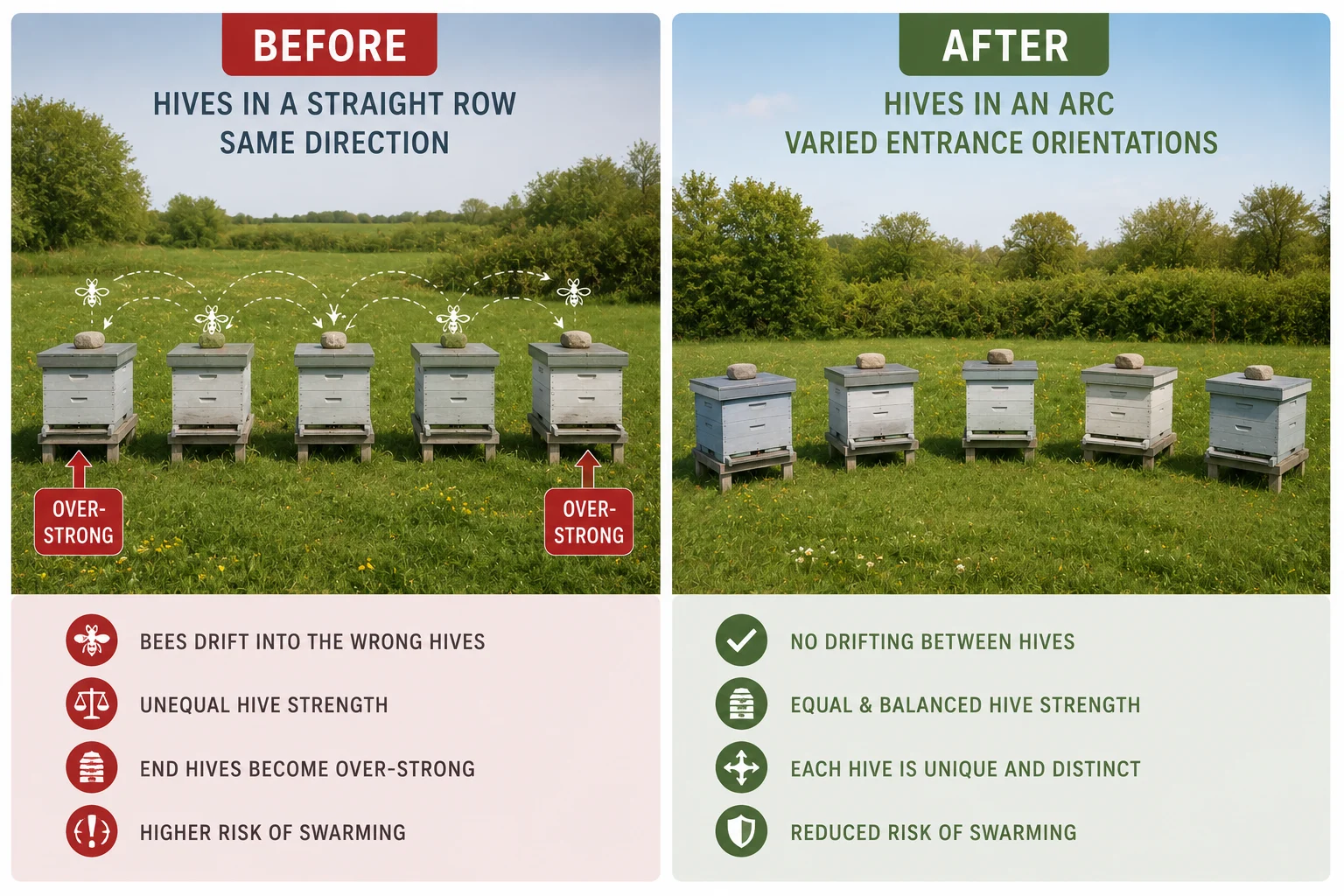 beehive spacing drift before after diagram straight row vs arc arrangement apiary layout mistake fix