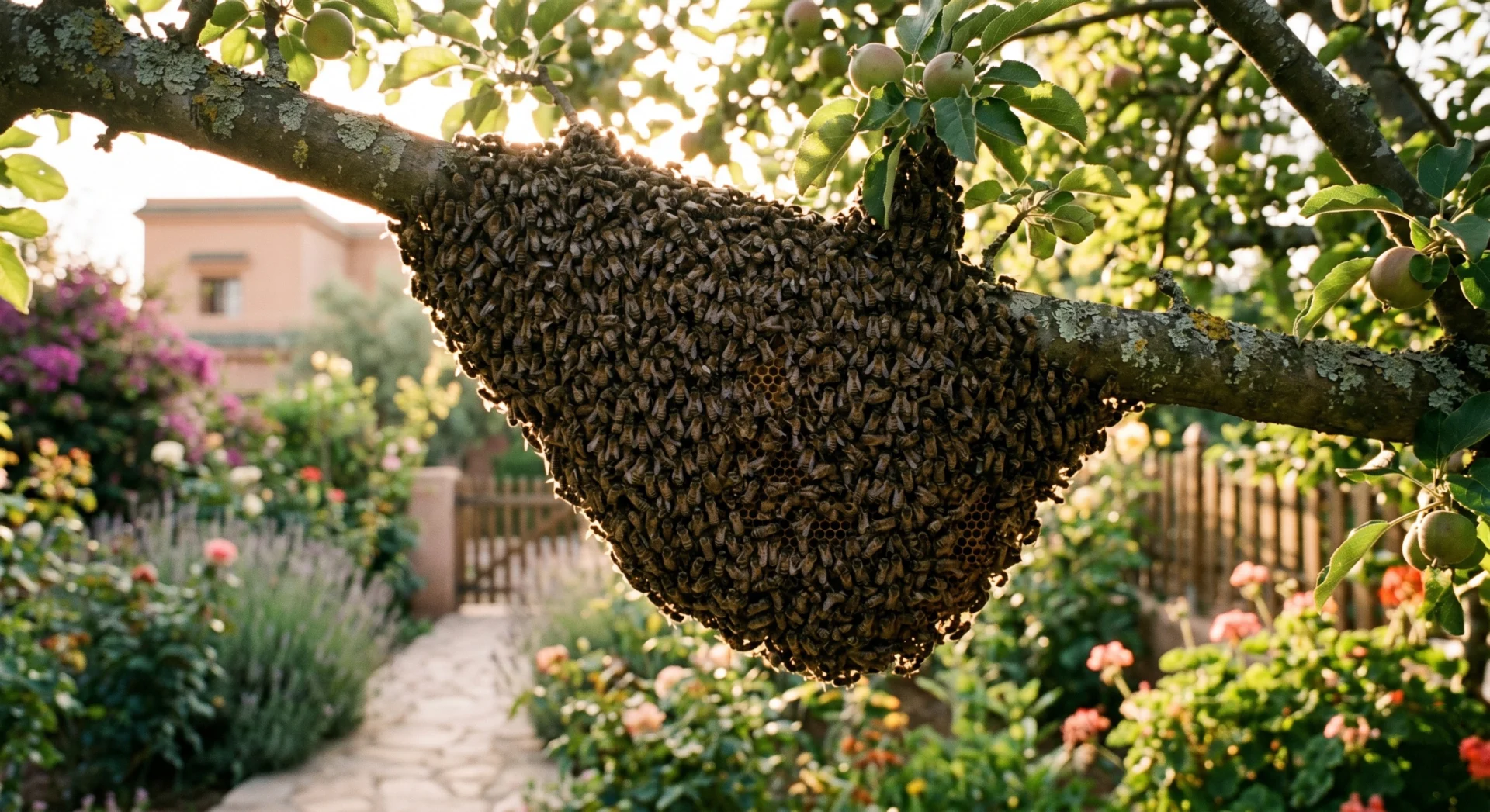honeybee swarm clustered on tree branch peaceful non-aggressive backyard beekeeper neighbor concern swarm
