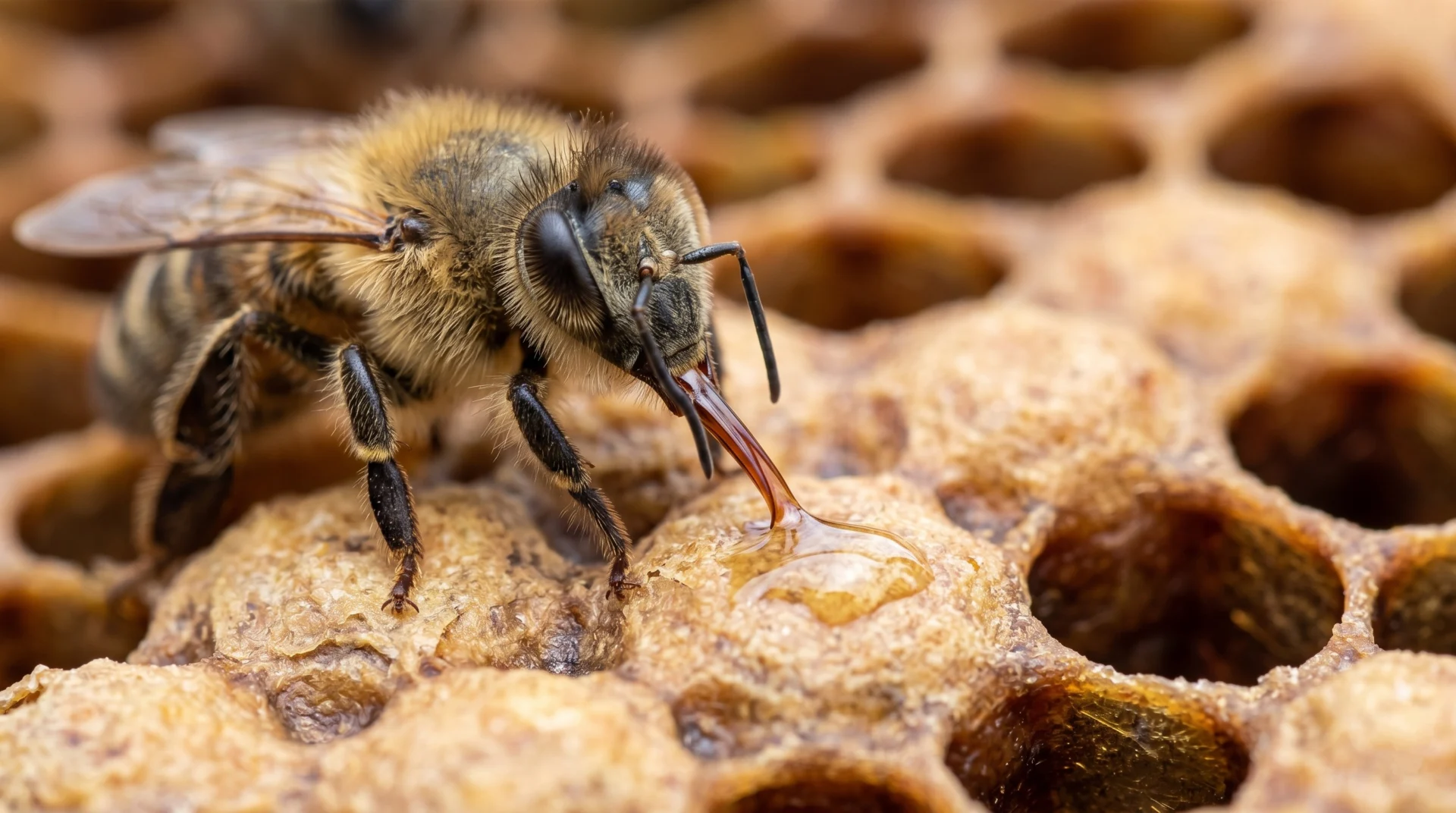 honeybee spreading water on brood comb evaporative cooling thermoregulation extreme close-up macro