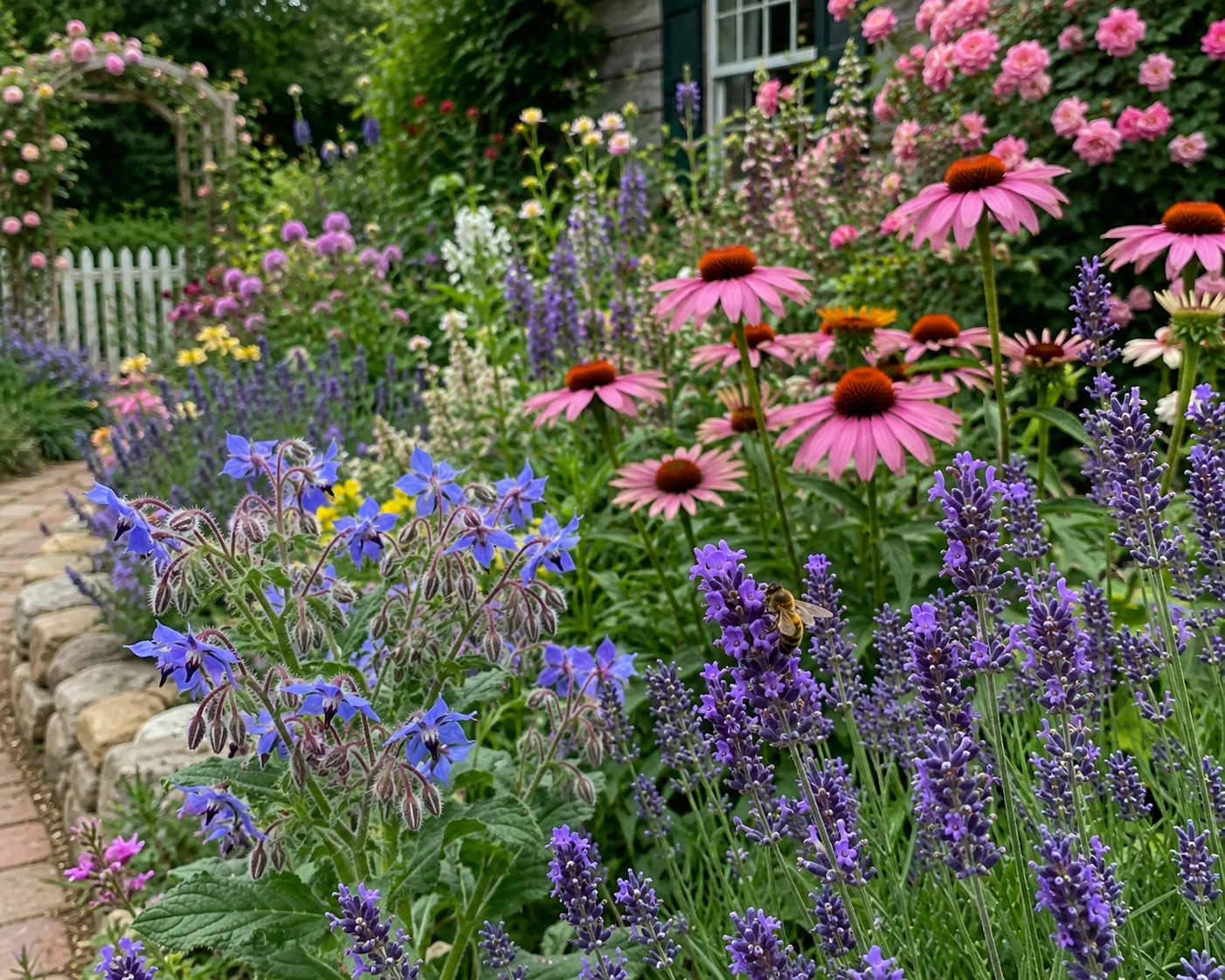 layered bee-friendly garden bed design with three height levels for pollinators
