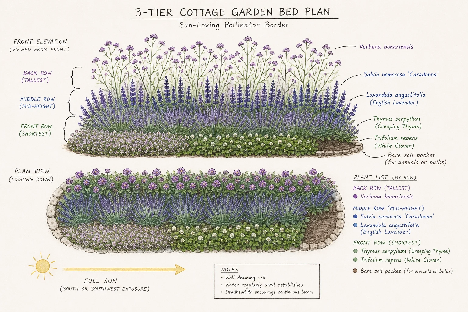 bee garden bed layout plan with plant placement guide for pollinators