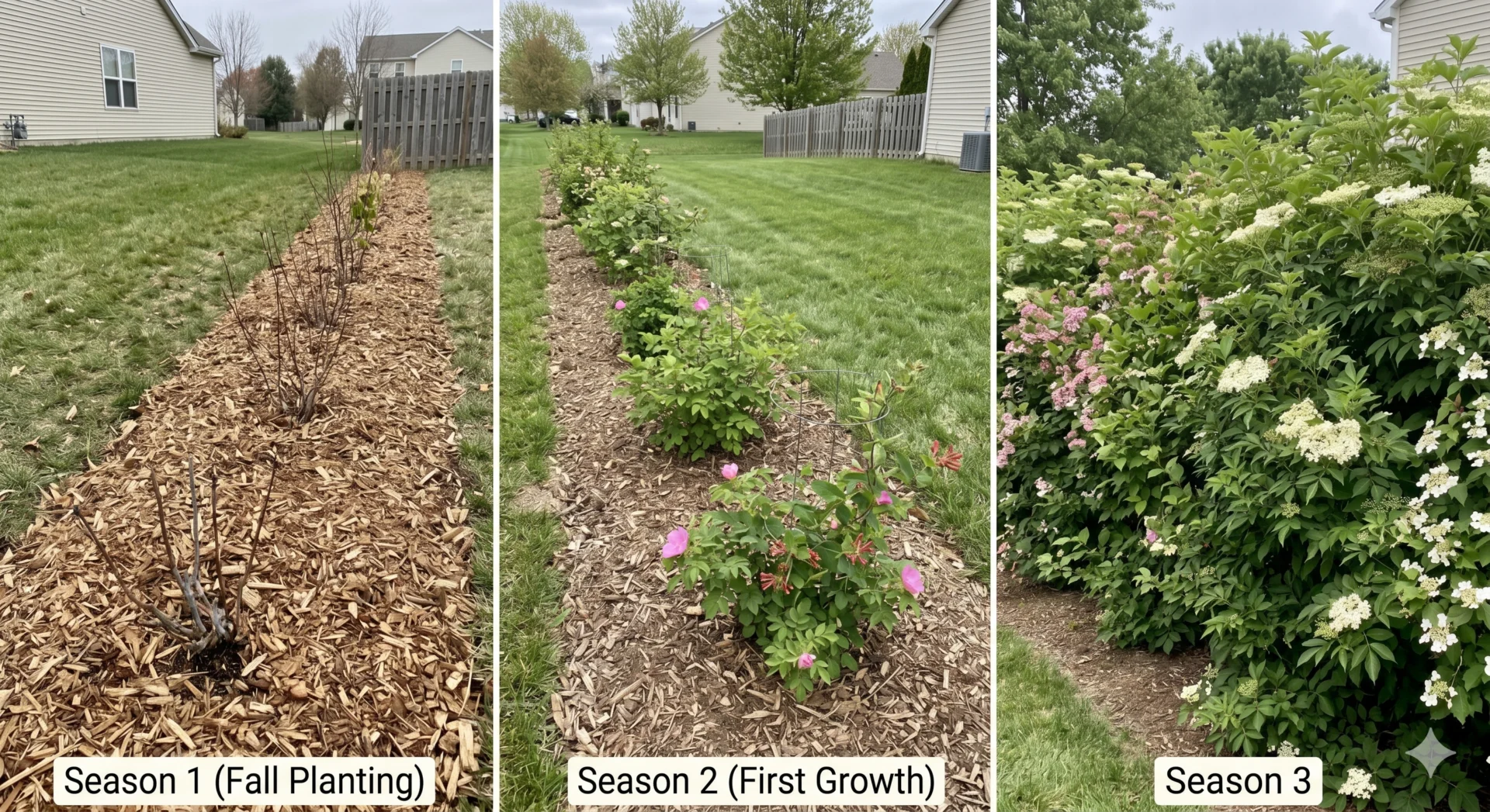 living fence establishment progression three seasons year one year two year three flowering hedge growth US garden
