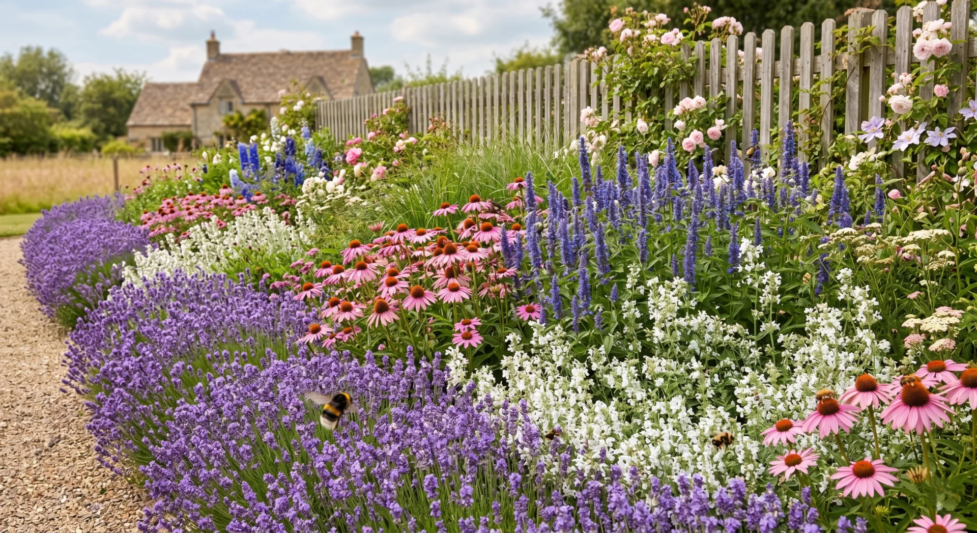 midsummer drift planting garden border lavender echinacea agastache catmint multiple bees foraging simultaneously