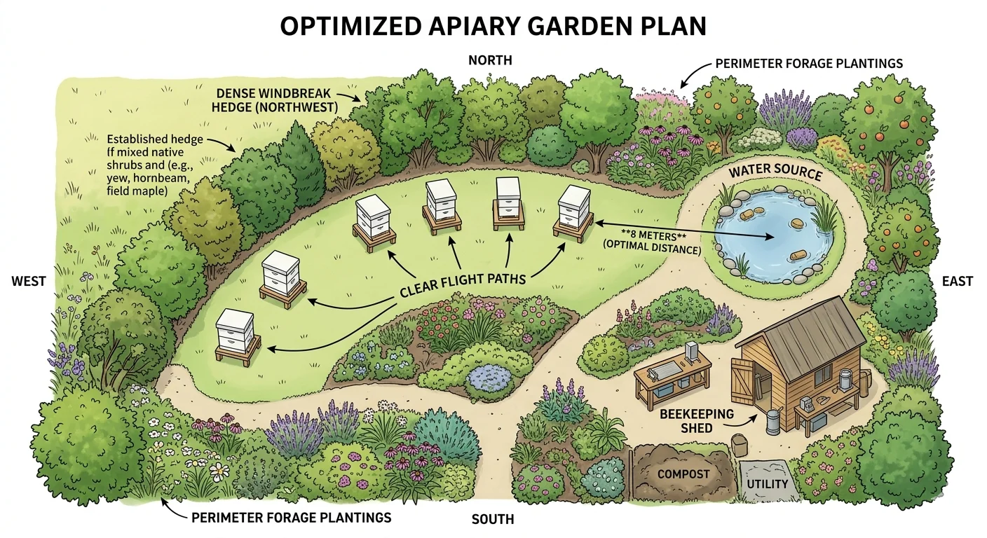 ideal apiary layout diagram aerial view optimized hive placement windbreak water forage bee garden design