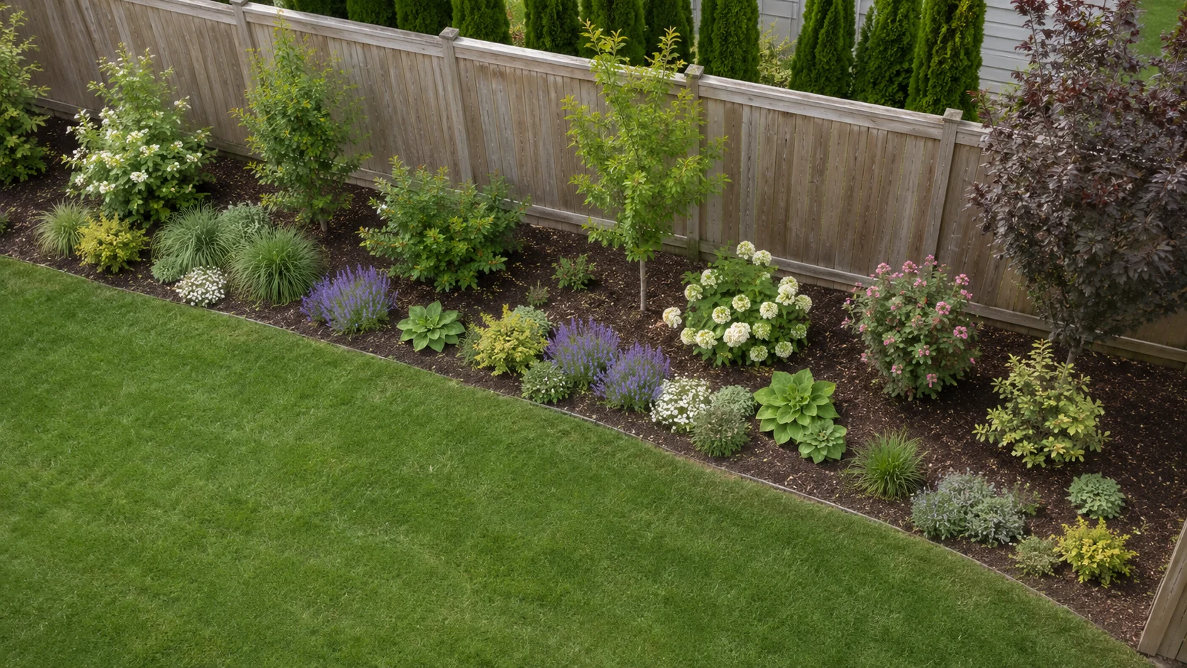 layered boundary hedgerow planting layout for a suburban backyard