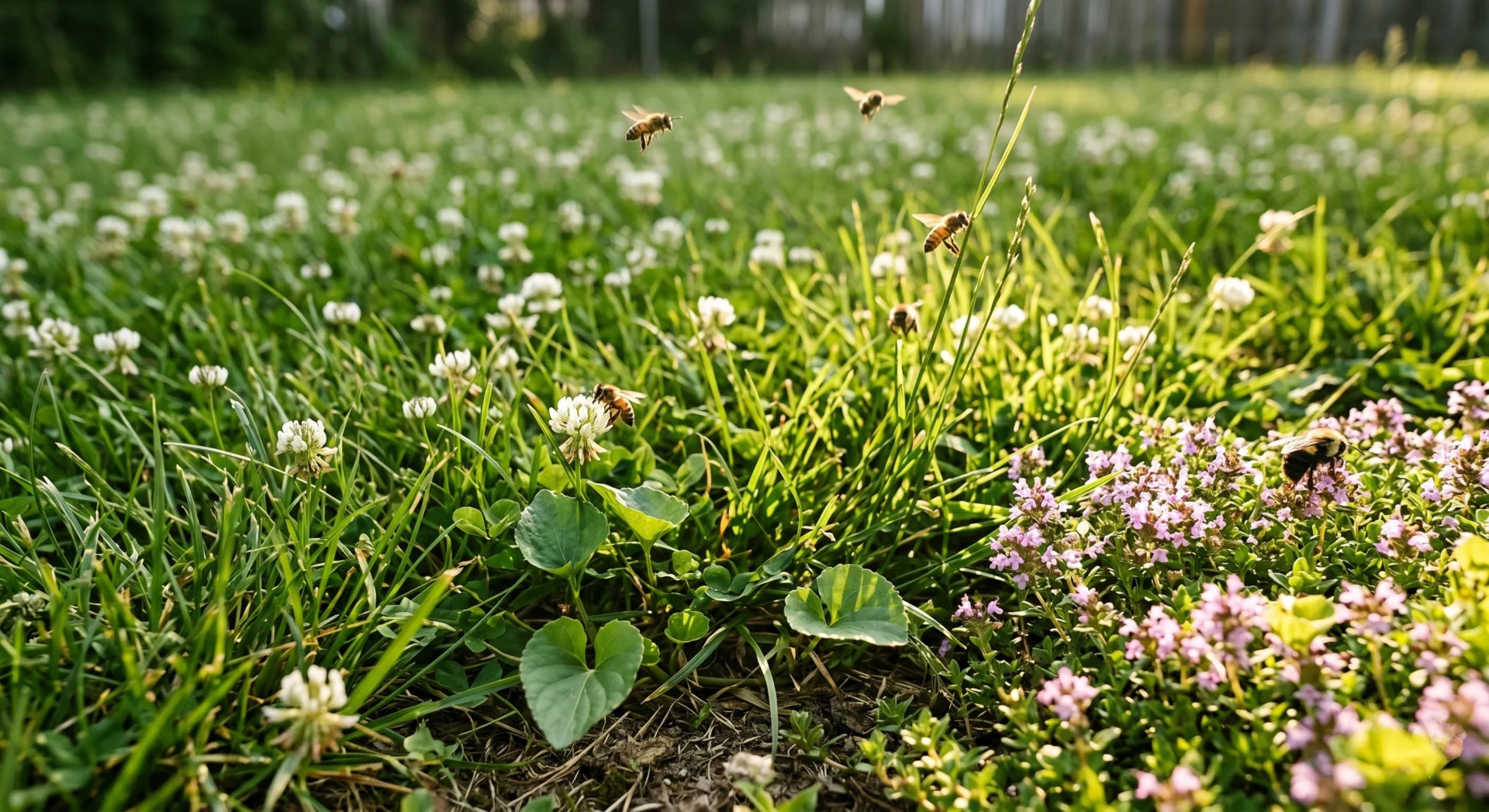 relaxed pollinator lawn white clover native violets creeping thyme multiple bees foraging imperfect garden US summer