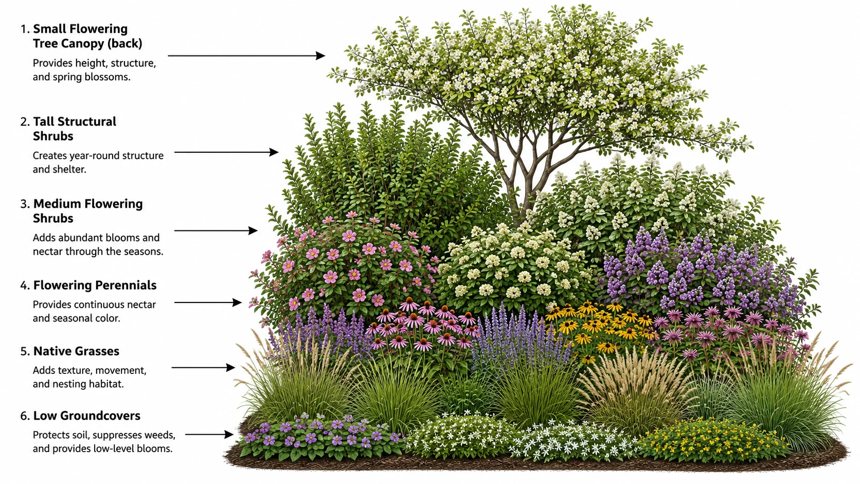 multi-layered hedgerow design showing tree shrub perennial grass and groundcover layers