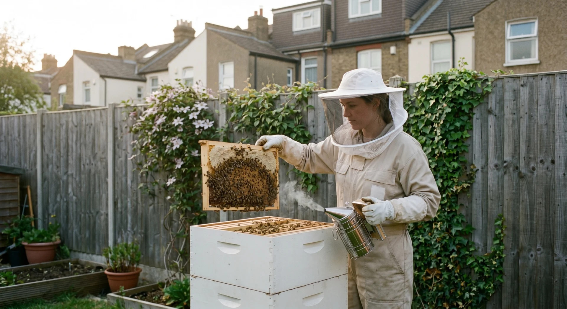 urban beekeeper small garden hive inspection early morning gentle management residential neighborhood