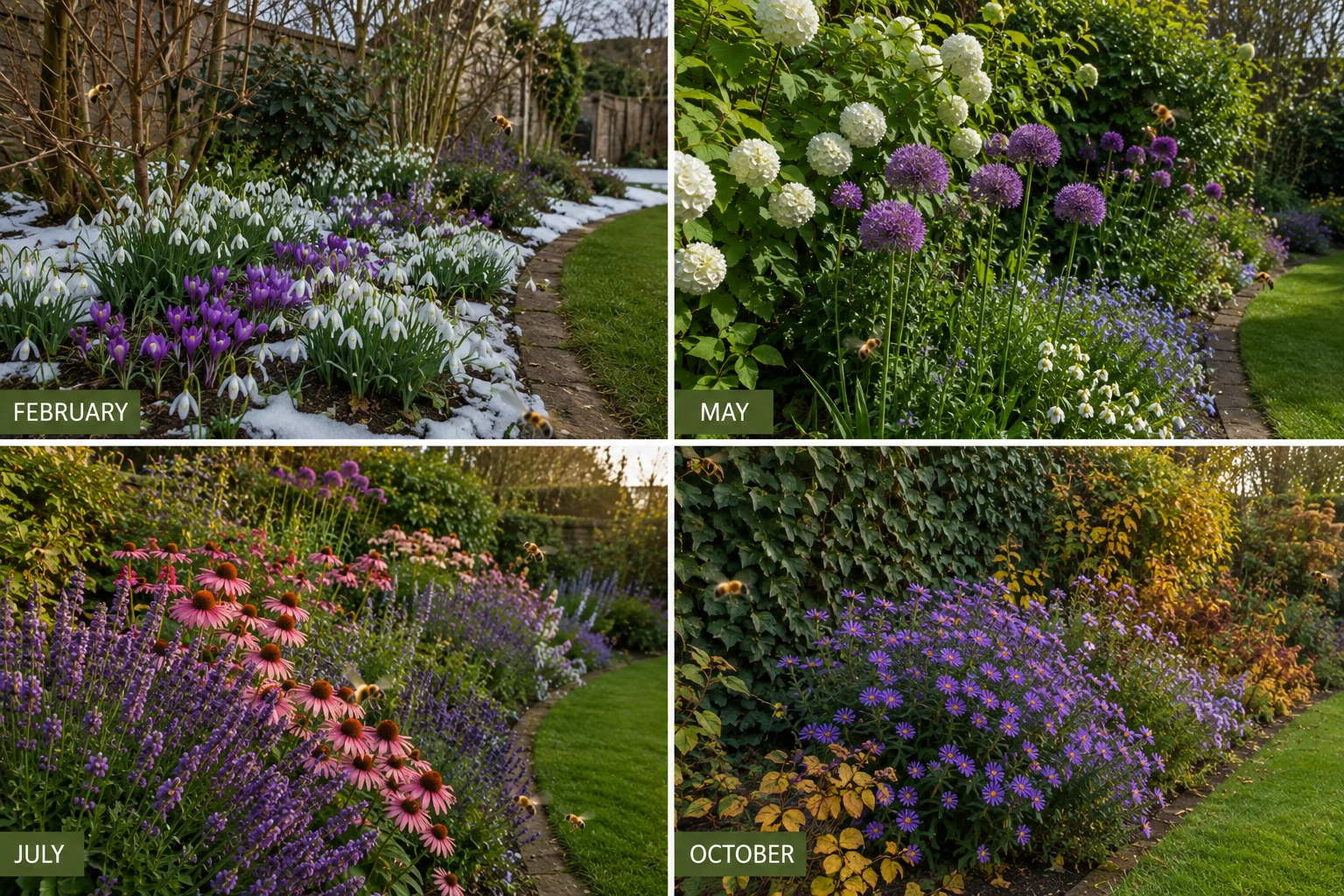 four season bloom sequence bee garden design February snowdrops July lavender October asters year round pollinators