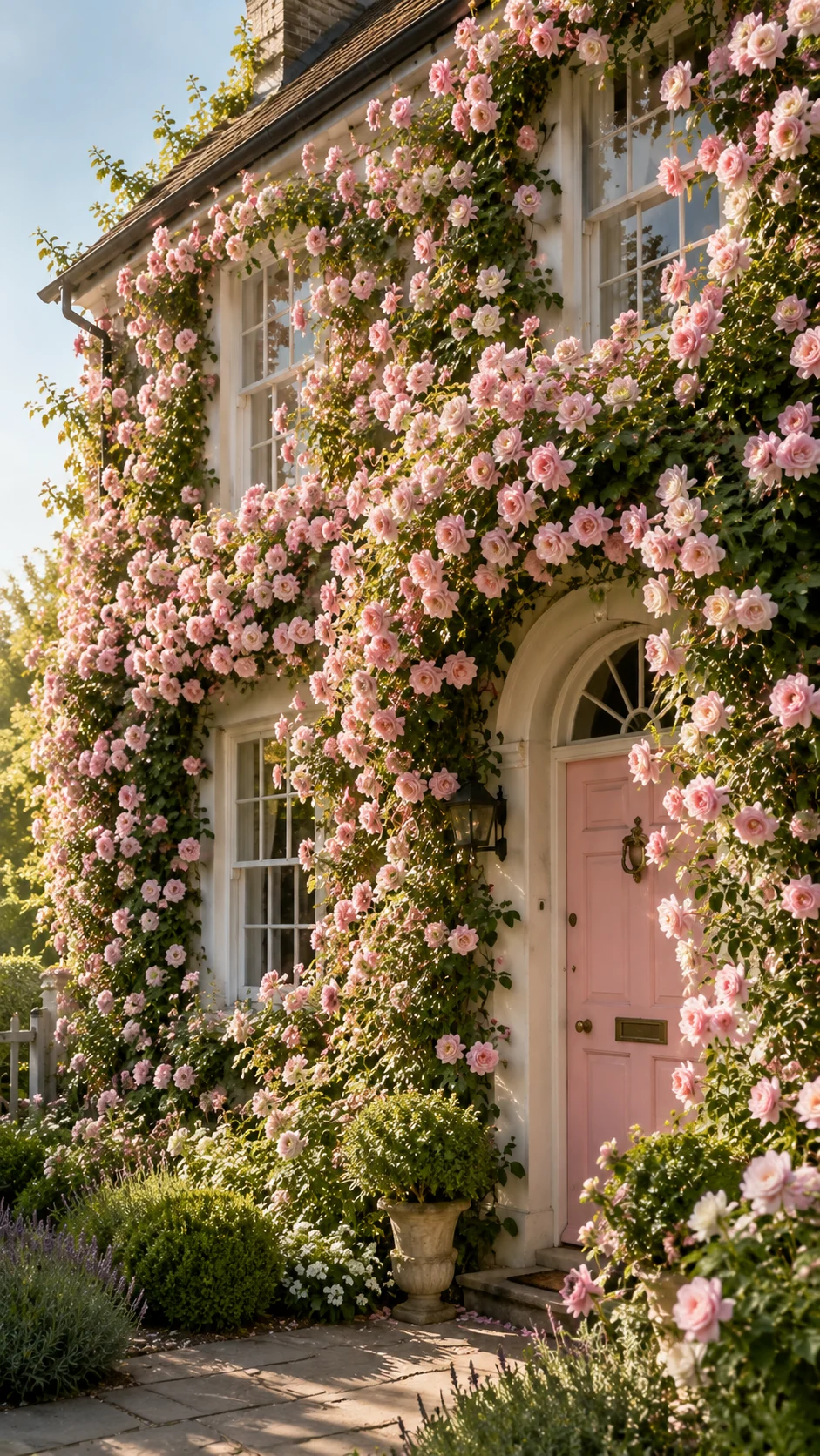 climbing rose house front wall trained landscaping curb appeal romantic garden pink roses summer bloom