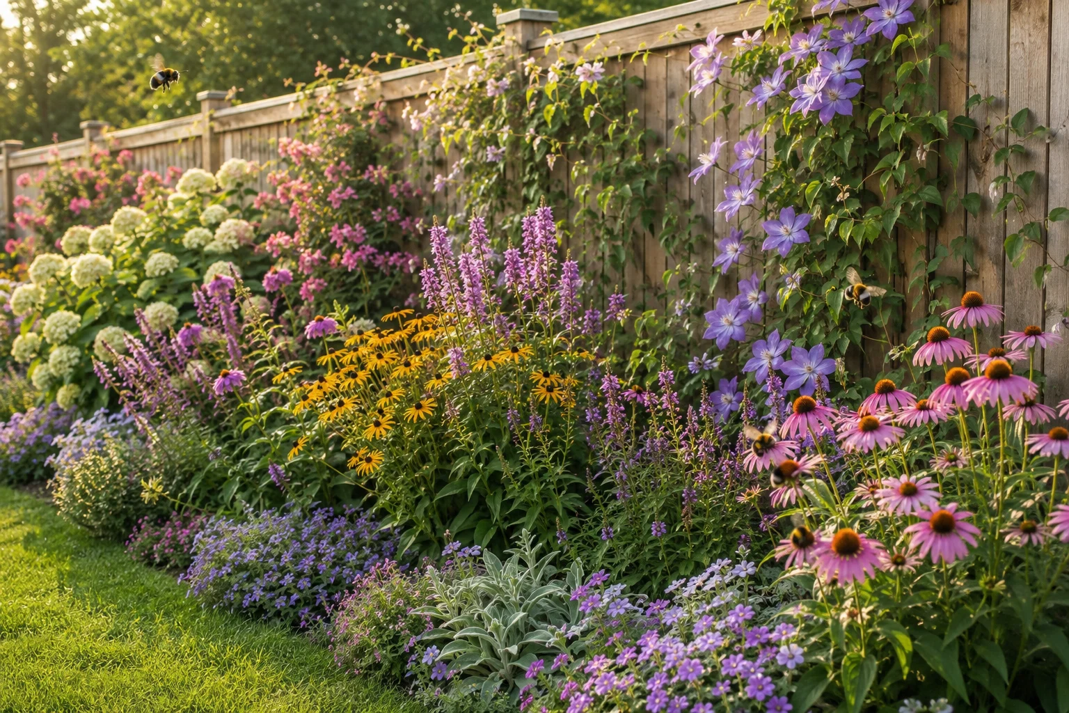 pollinator border fence layered planting climbers shrubs perennials ground cover bees summer