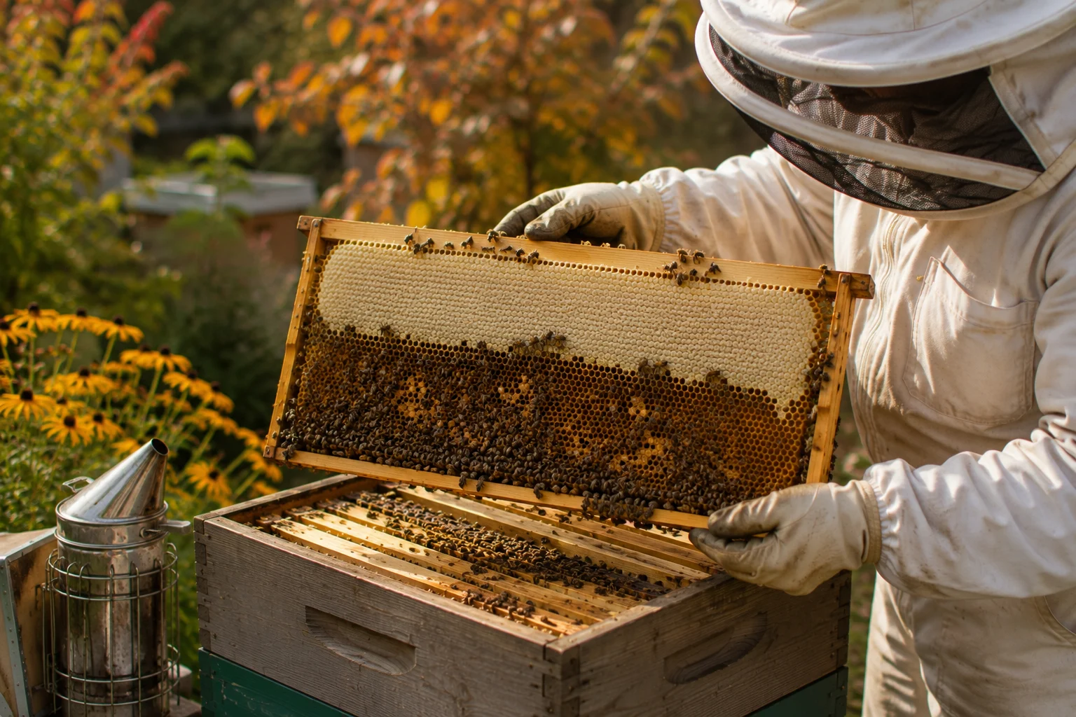 Checking honey stores while preparing a beehive for autumn