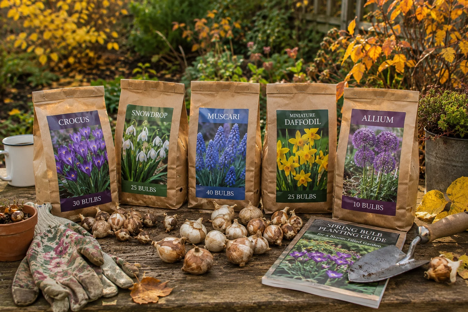 autumn planting plan for spring bulbs for bees with crocus muscari snowdrops and alliums