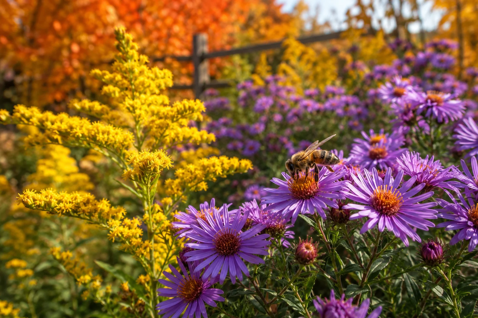 Honeybee foraging on purple asters and yellow goldenrod in an autumn pollinator garden.
