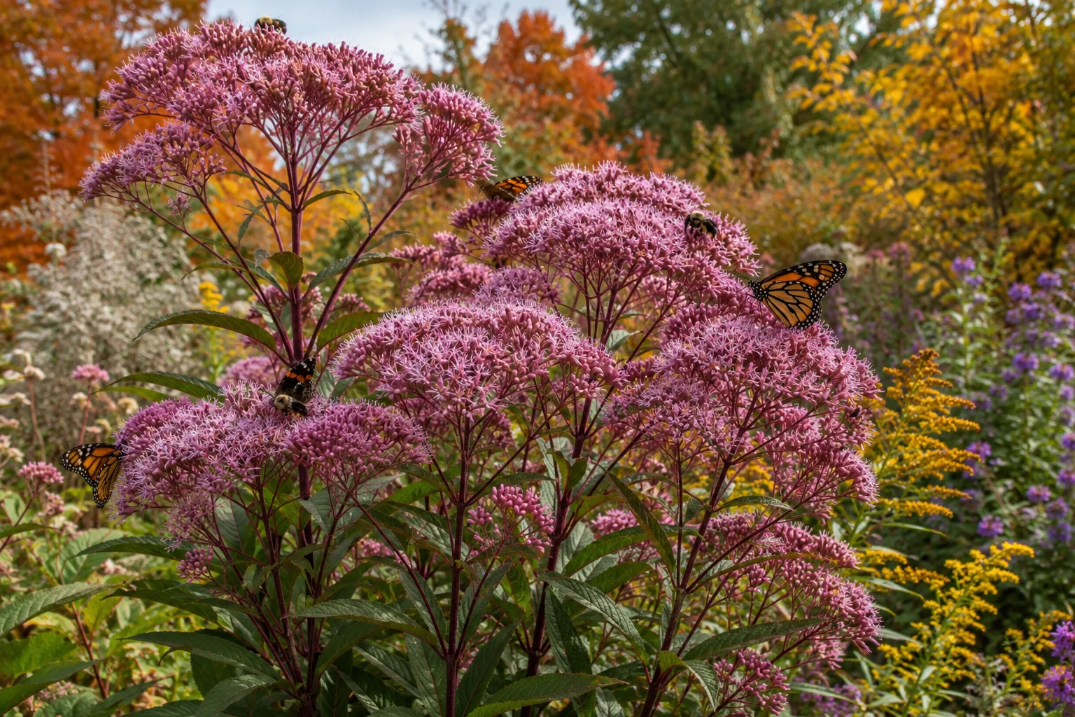 Pink Joe-Pye weed feeding butterflies and bees in a fall garden.